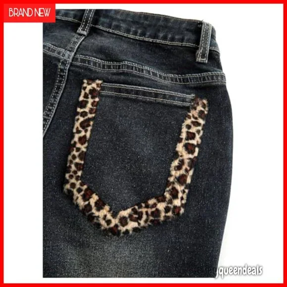 Women's Leopard Faux Fur Skinny Jeans Low Rise Capris Denim Pants